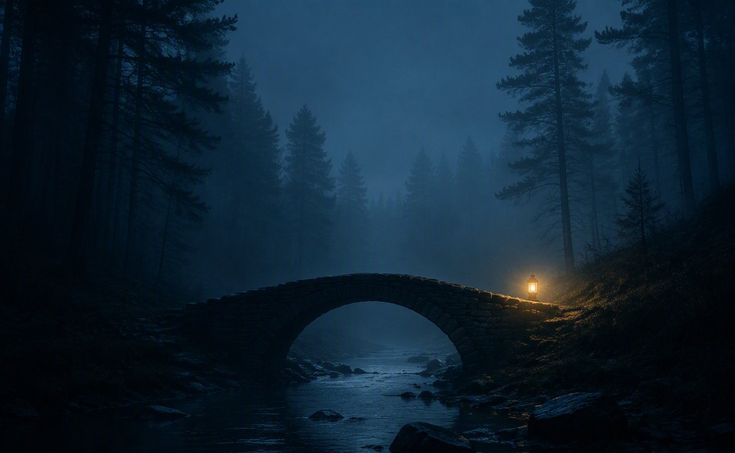 Kleine stenen boogbrug in een donker mistig bos met een warm lichtpunt aan de overkant