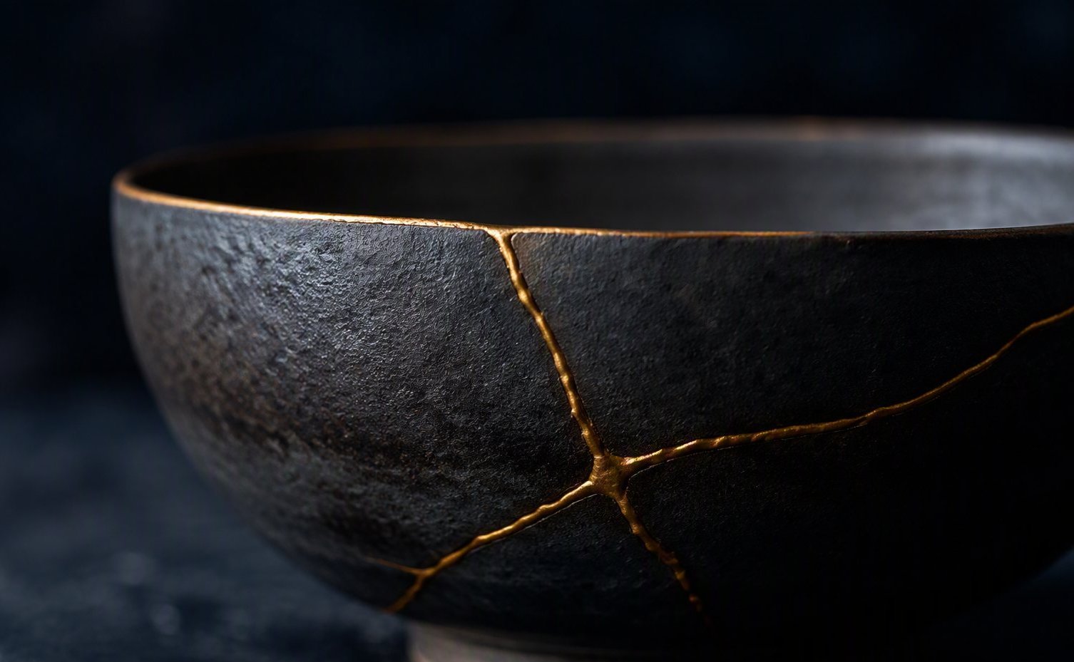 Donkere keramische schaal, hersteld met een gloeiende gouden naad in kintsugi-stijl