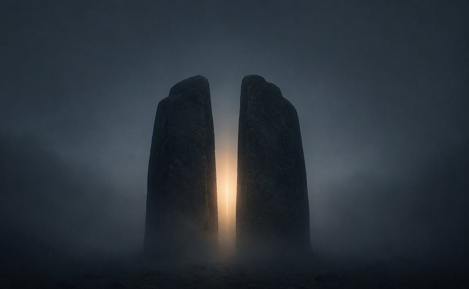 Twee donkere steenformaties in de mist met een smalle spleet warm licht ertussen